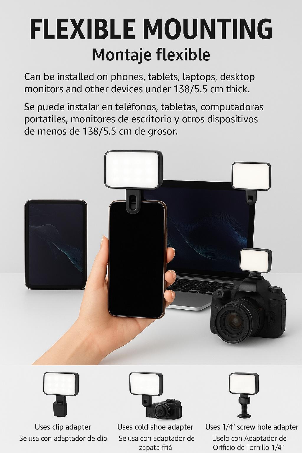 Luz LED Portátil para Selfies con 3 Modos de Iluminación – 24 Perlas LED, Batería Recargable 150mAh, Clip Universal para Móvil, Videollamadas y Maquillaje