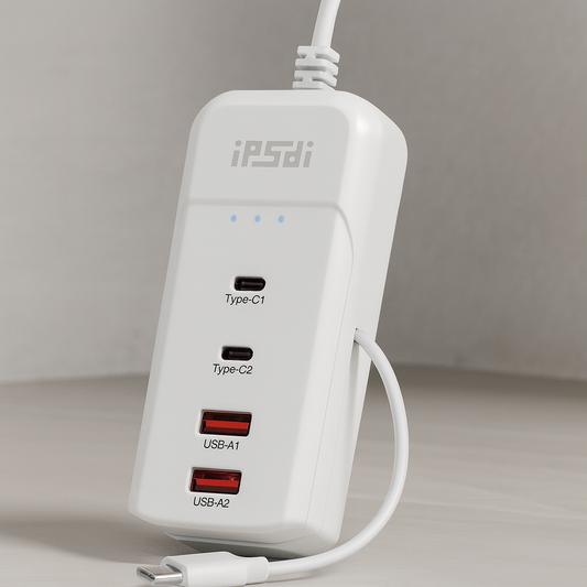 Adaptador de Corriente con 4 Puertos (2x USB-C + 2x USB-A) | Conector Universal Power Socket con Carga Rápida y Cable Tipo-C